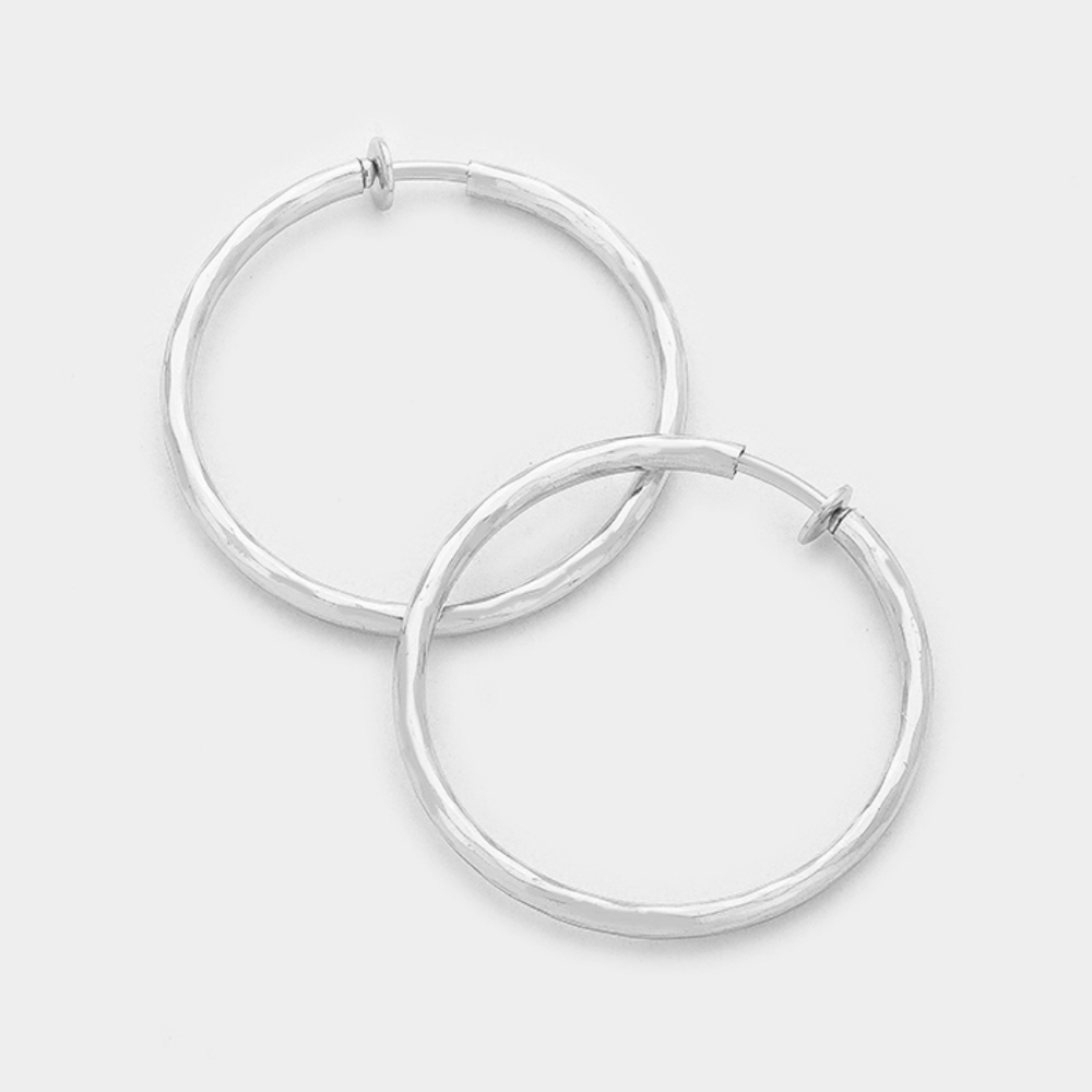 Silver Clip On Hoop Earrings 1.75 Casual Simple Style Textured Jewelry
